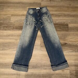 Playboy Womens Wide Leg Star‎ Bunny Applique Jeans Blue Faded Wash Size 1 Y2K